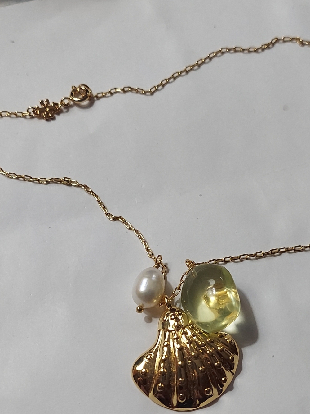 Tory Burch Gold Shell Pendant Necklace with Pearl and Pale Green Charm